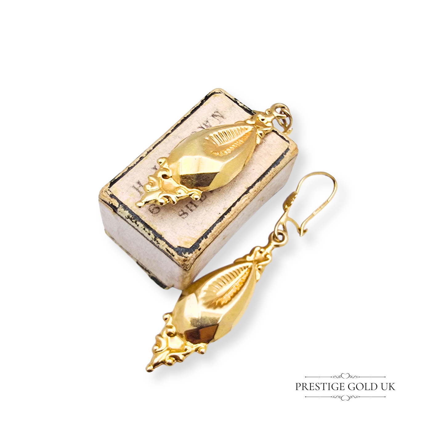 9ct Gold Dangle Drop Earrings, Victorian Revival Style Vintage Earrings