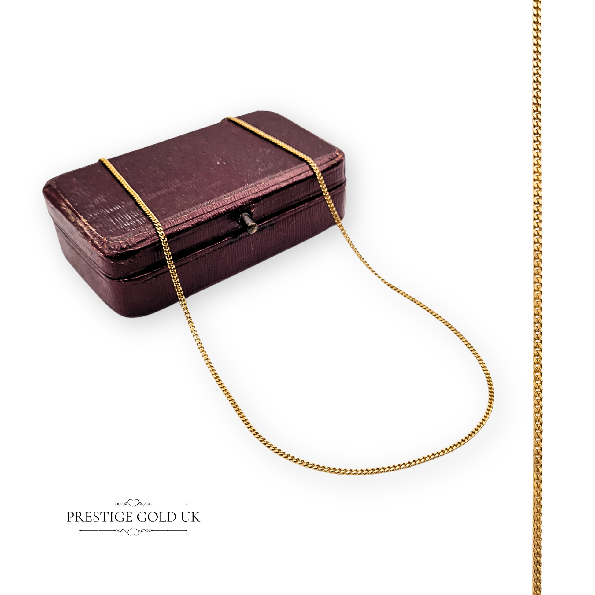 Vintage 9ct gold curb chain necklace with Sheffield Import hallmark, measuring 18.5 inches (47 cm) long and 1.5mm wide, weighing 2.32 grams, narrow and lightweight with spring ring clasp, polished finish, elegant and ideal for layering.