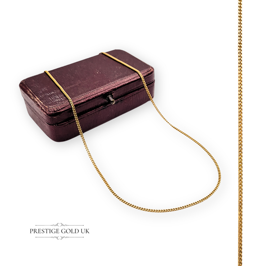 Vintage 9ct gold curb chain necklace with Sheffield Import hallmark, measuring 18.5 inches (47 cm) long and 1.5mm wide, weighing 2.32 grams, narrow and lightweight with spring ring clasp, polished finish, elegant and ideal for layering.