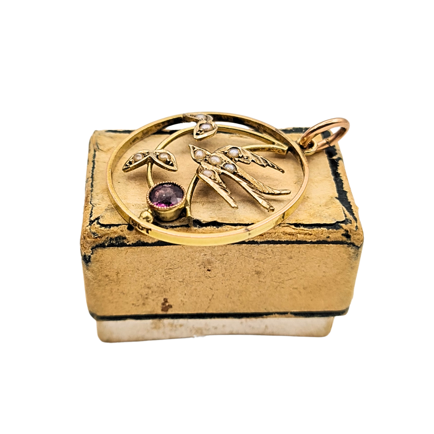 Antique 9ct Gold Swallow Pendant, Pearl Garnet, Stamped 9ct