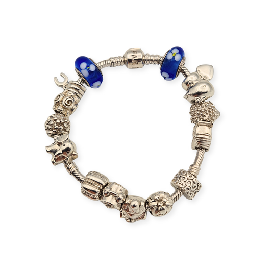 Genuine Pandora sterling silver 7 inch snake chain bracelet with 15 authentic Pandora charms and secure barrel clasp.