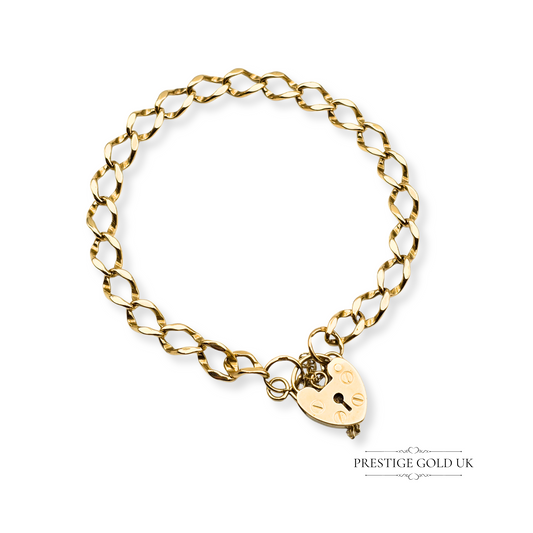 7" Long 9ct Gold Heart Padlock Bracelet, Small Heart Padlock Clasp