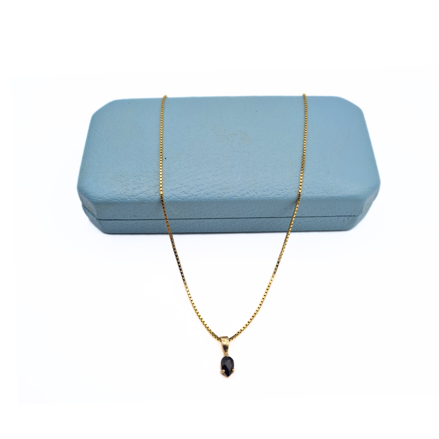 16" 9ct Gold Box Chain Necklace Blue Sapphire Pendant Hallmarked