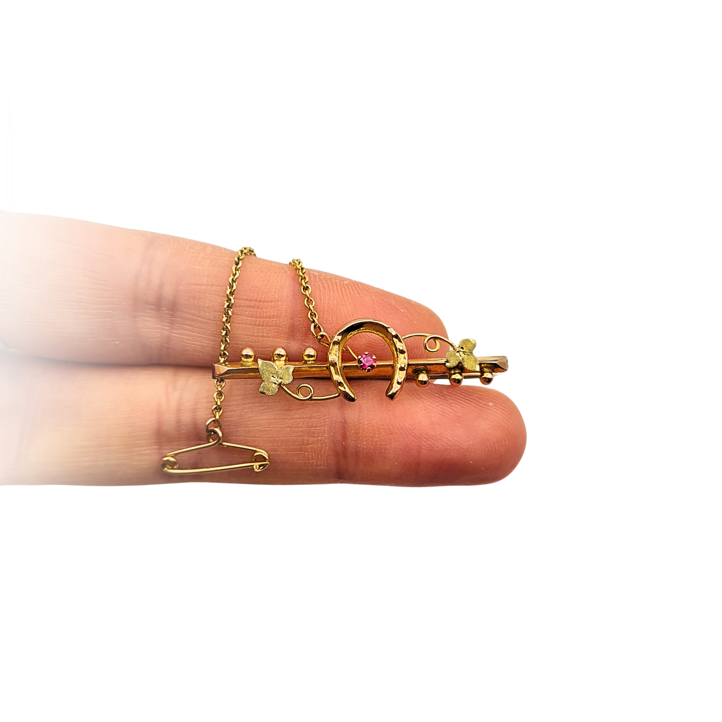 Antique 9ct Gold Horseshoe Brooch, Ruby, Edwardian 1906, Chain