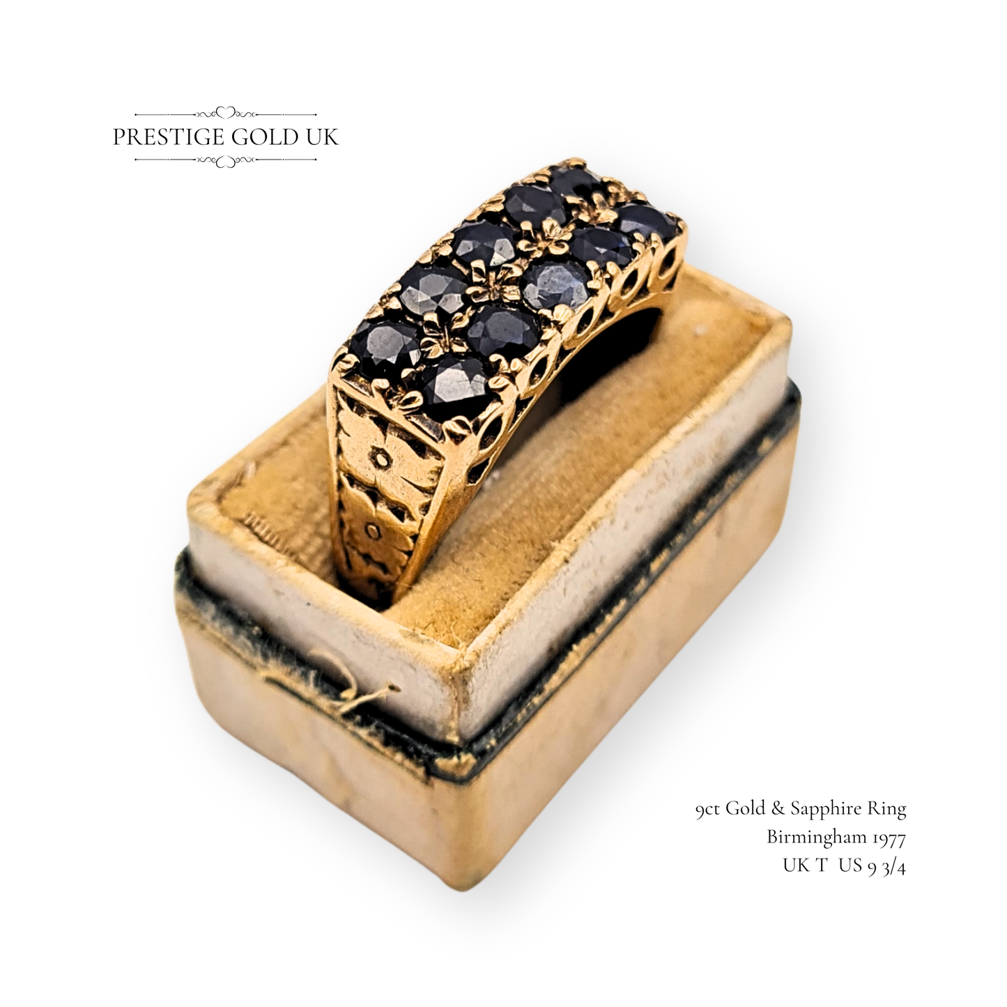 9ct Gold Twin Row Sapphire Ring, Floral-claw Setting Band UK T, US 9 3/4