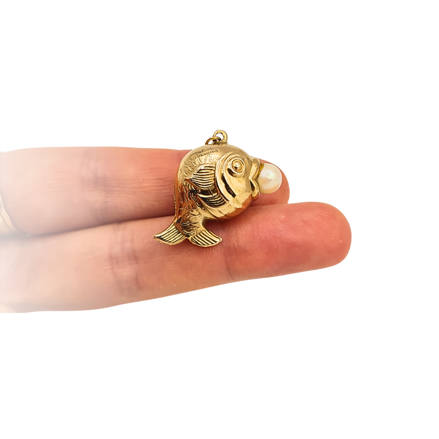 Vintage 9ct Gold Fish with Pearl Charm Puffy Cartoon Pendant Hallmarked 1972