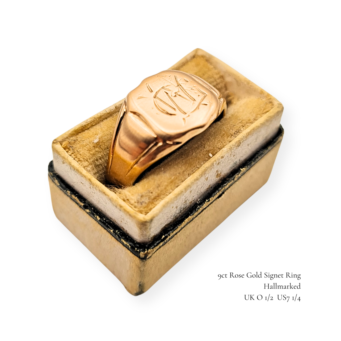 Clearance  Antique 9ct Rose Gold Signet Ring, Hand Engraved, UK O 1/2