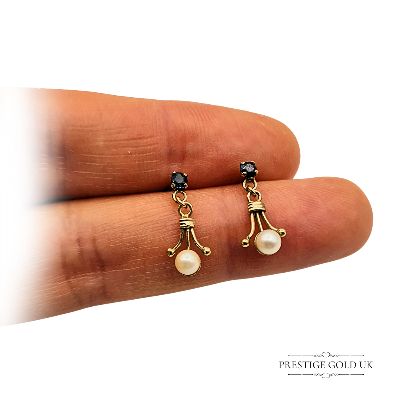 9ct Gold Pearl & Sapphire Earrings, 15mm Drop, Victorian Style
