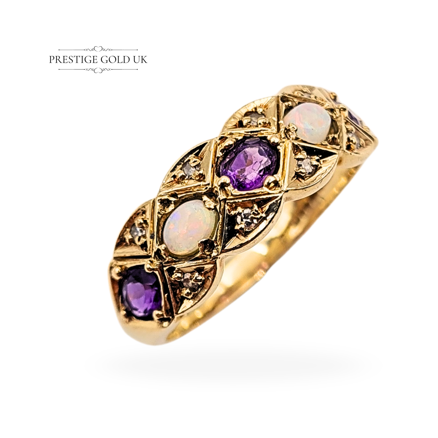 9ct Gold Amethyst Opal Diamond Ring, 1969  UK P / US 7 3/4