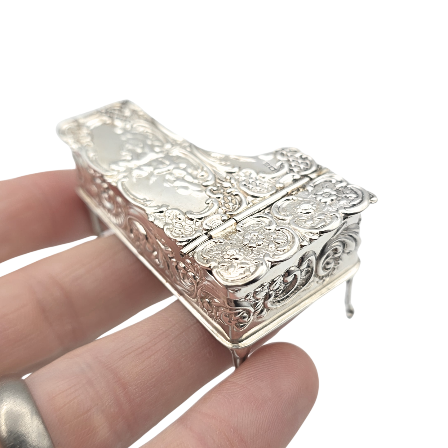 Silver Dollhouse Piano, John Rose, Opening Miniature, Rococo Cherub 1959
