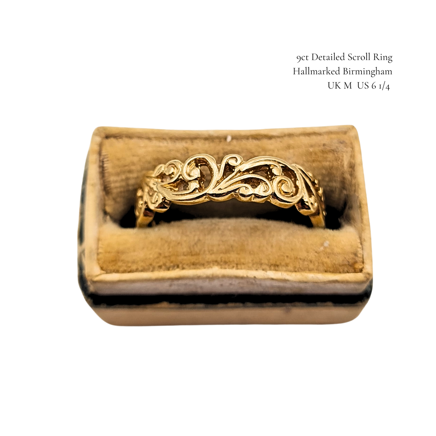 9ct Solid Gold Scroll Ring, UK M US 6 1/4, Fancy Ornate Band