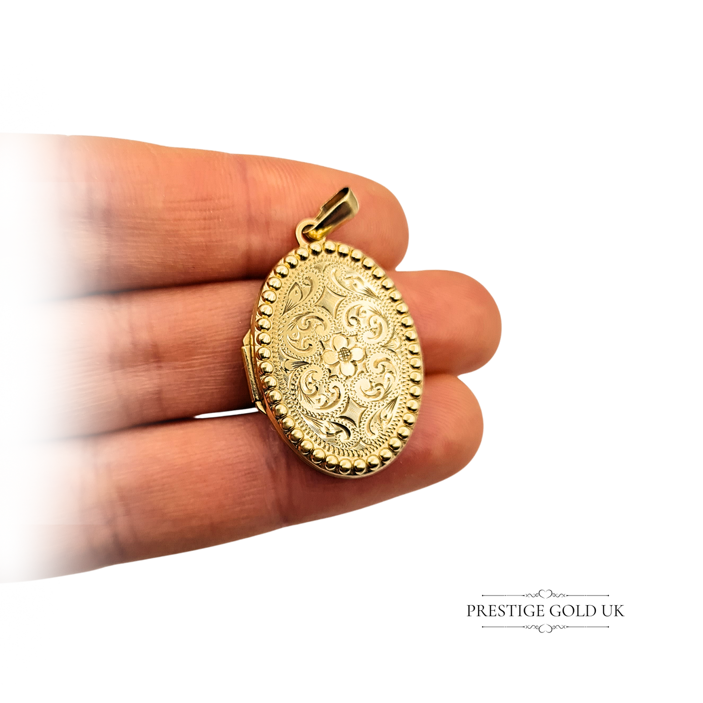 9ct Gold Floral Engraved Oval Photo Locket , Hallmarked 1993