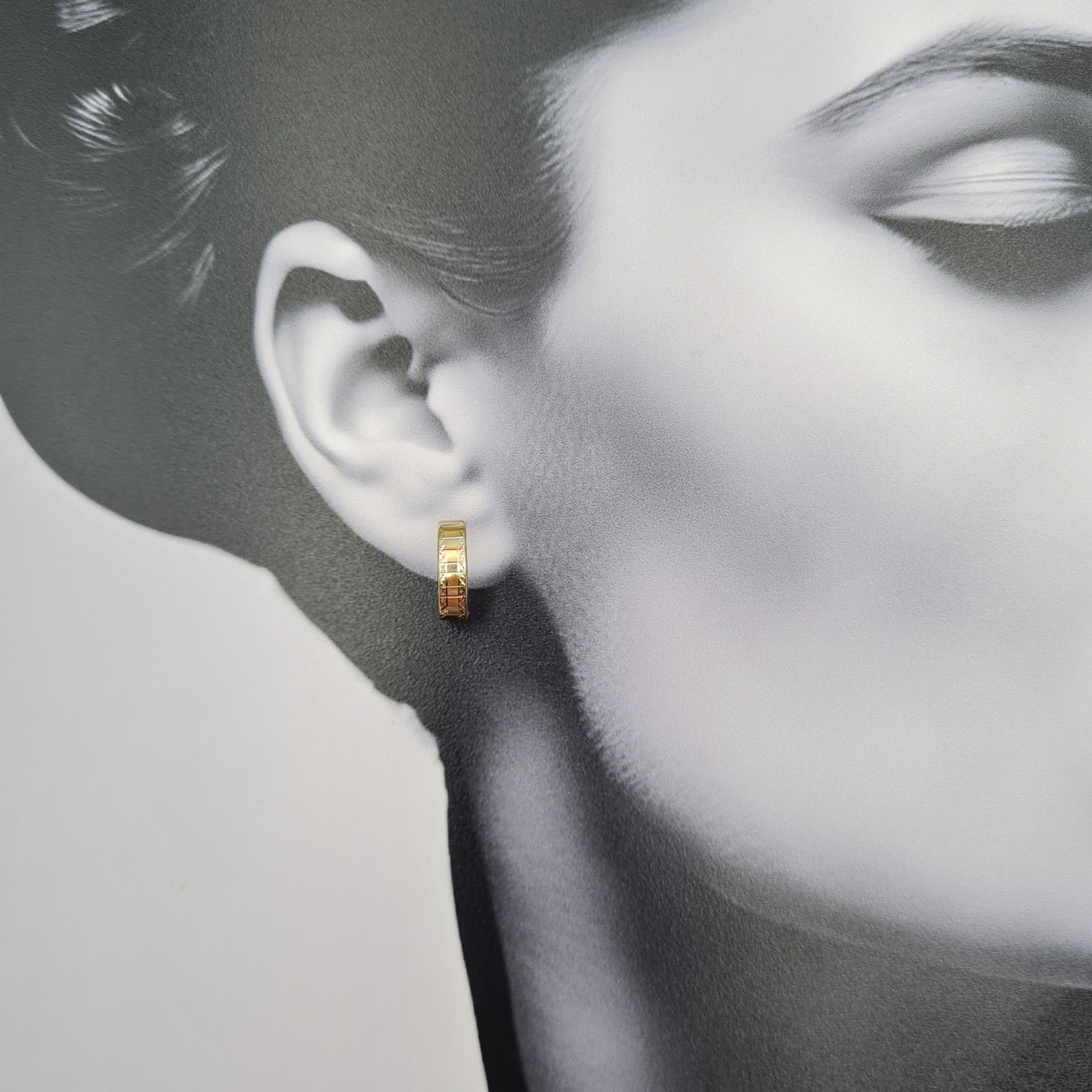 9ct Gold Two Tone Half Hoops, 15mm x 4mm, 0.75g, Engraved