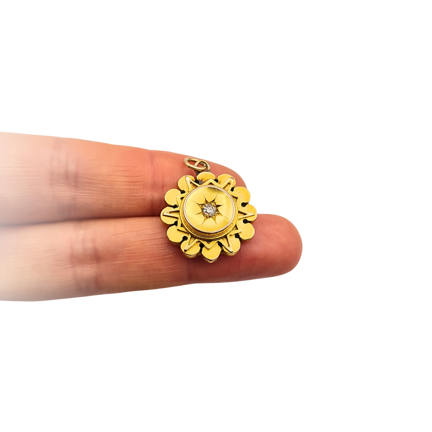 9ct Gold Antique Diamond Pendant Round Starburst Design
