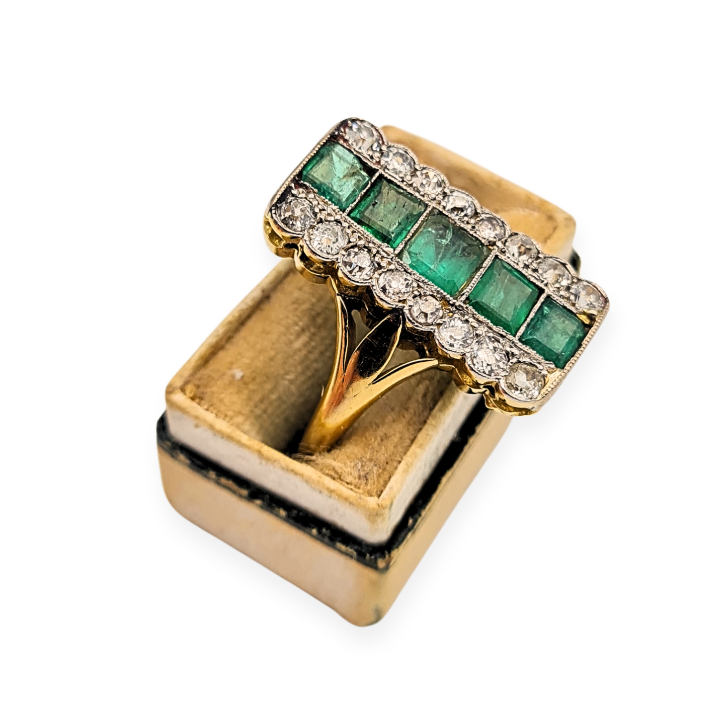 18ct Gold Emerald Diamond Ring, Old Cut, UK Q / US 8