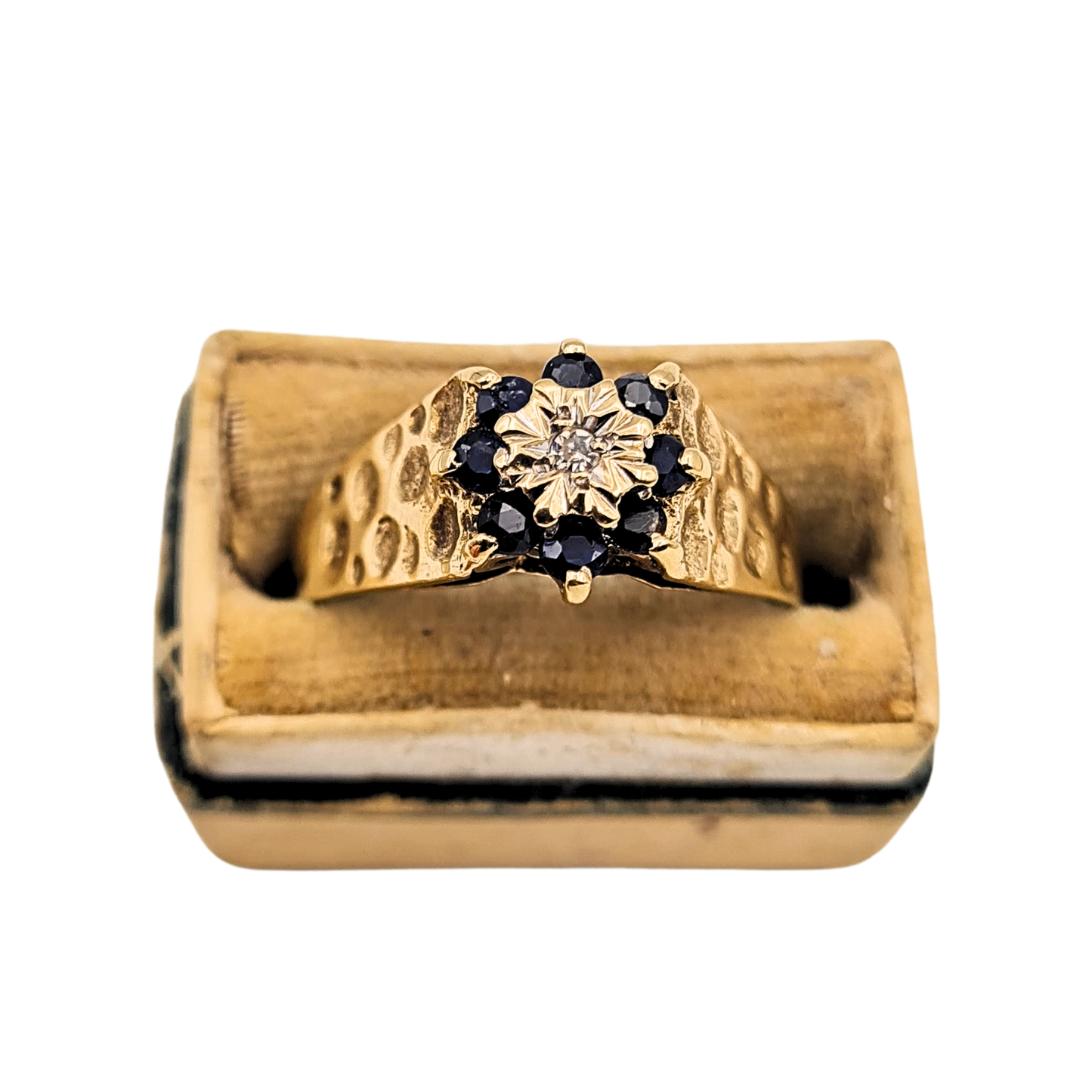 9ct Gold Diamond Sapphire Ring, UK Q US 8, London 1972