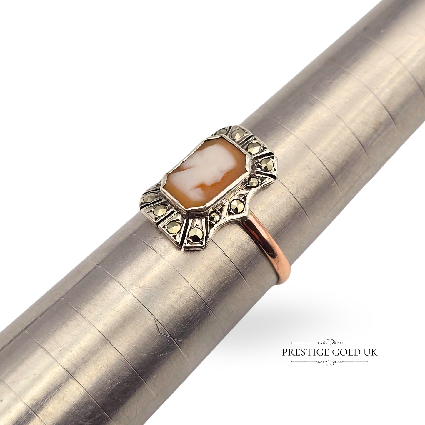 Antique 9ct Rose Gold & Silver Cameo Ring,  Marcasite Stones, UK R 1/2 US 8 3/4