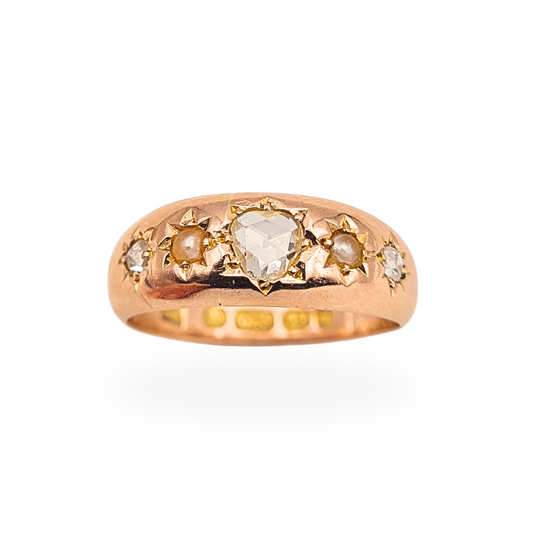 Antique 15ct rose gold gypsy ring with heart-shaped rose cut diamond, seed pearls and Birmingham 1891 hallmarks.