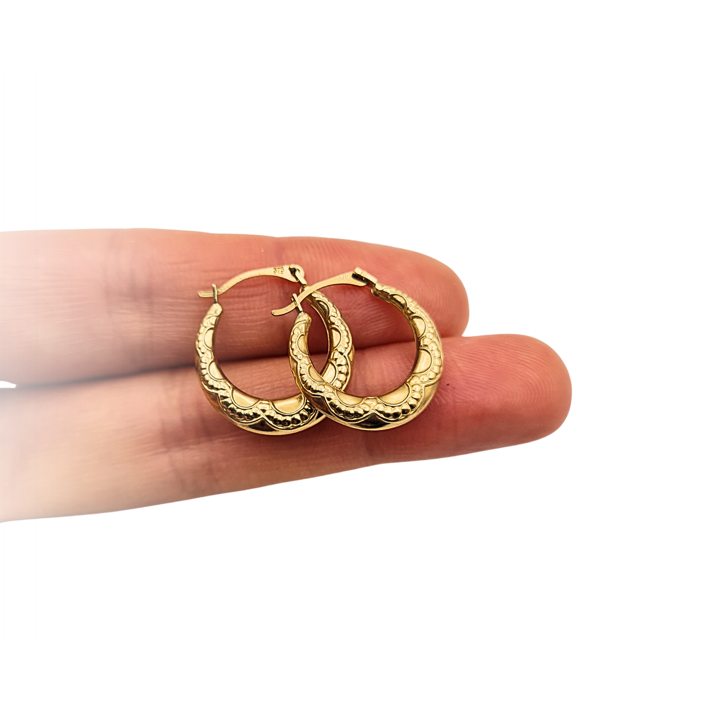 9ct Gold Small Textured Patterned Creole Hoop Earrings, Hinged closure