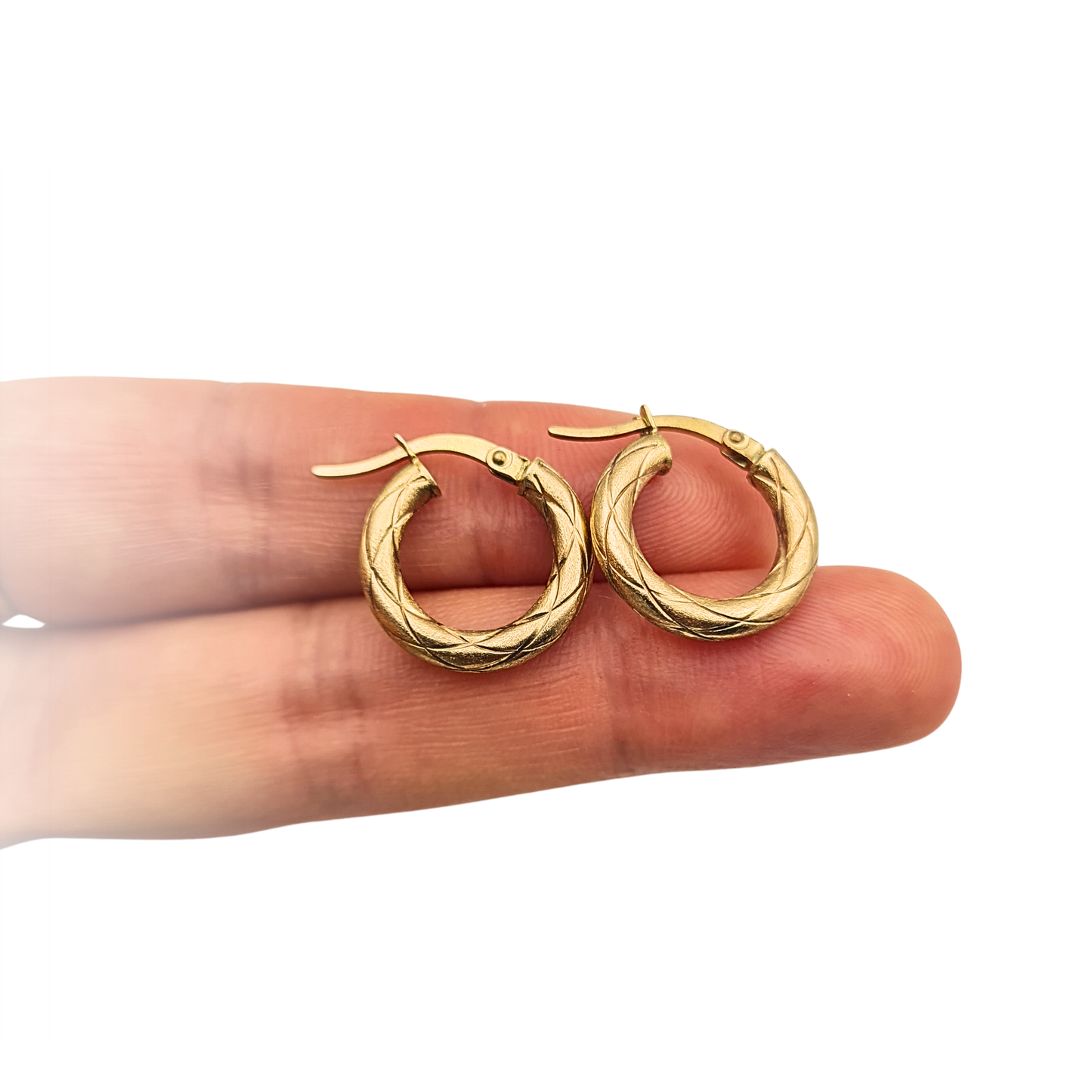 Quality 9ct Gold Small Textured Hoop Earrings Cross Hatch Flip Top Hoops