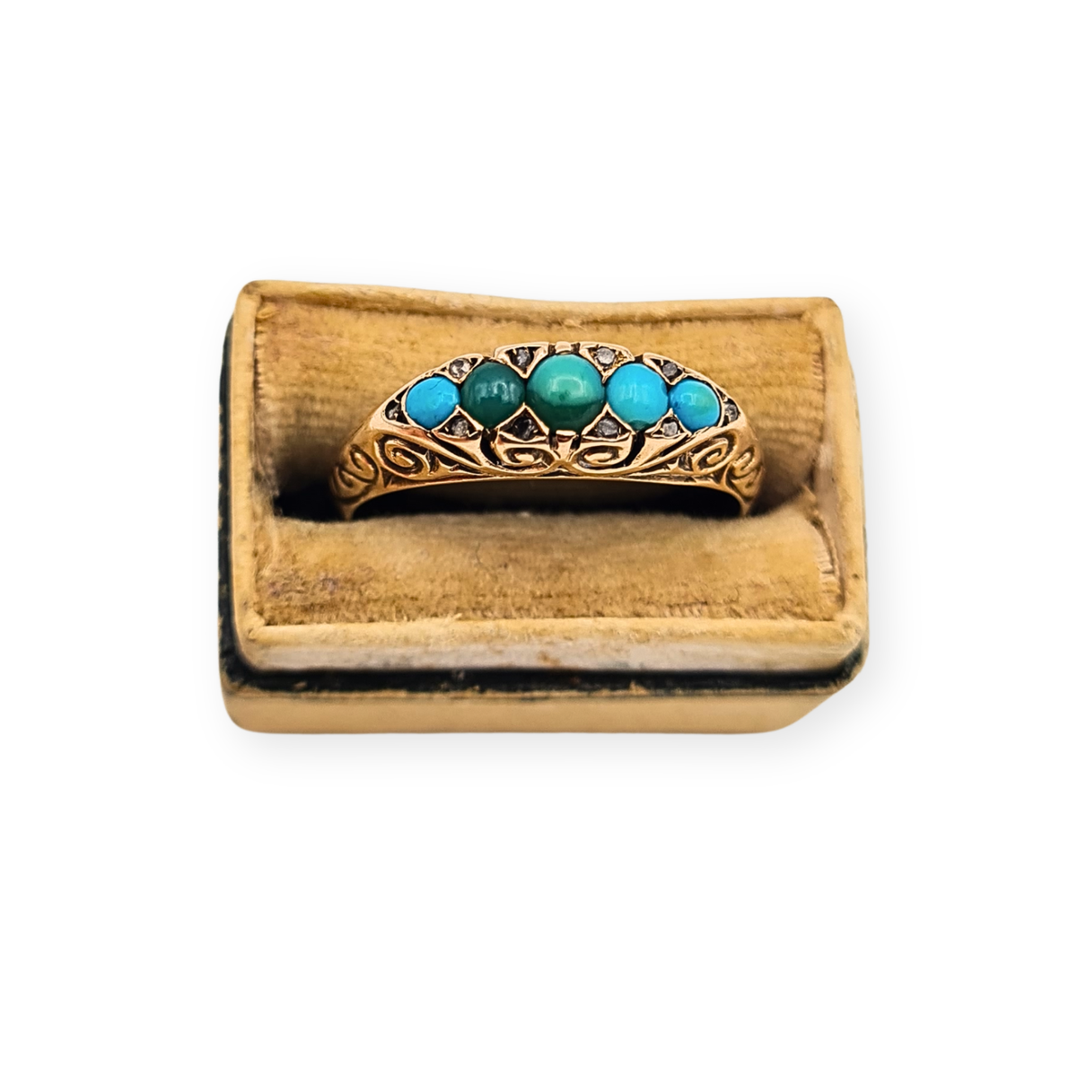 Antique 9ct Gold Turquoise Diamond 5 Stone Ring,  Chester Hallmark 1902 UK P US 7 3/4