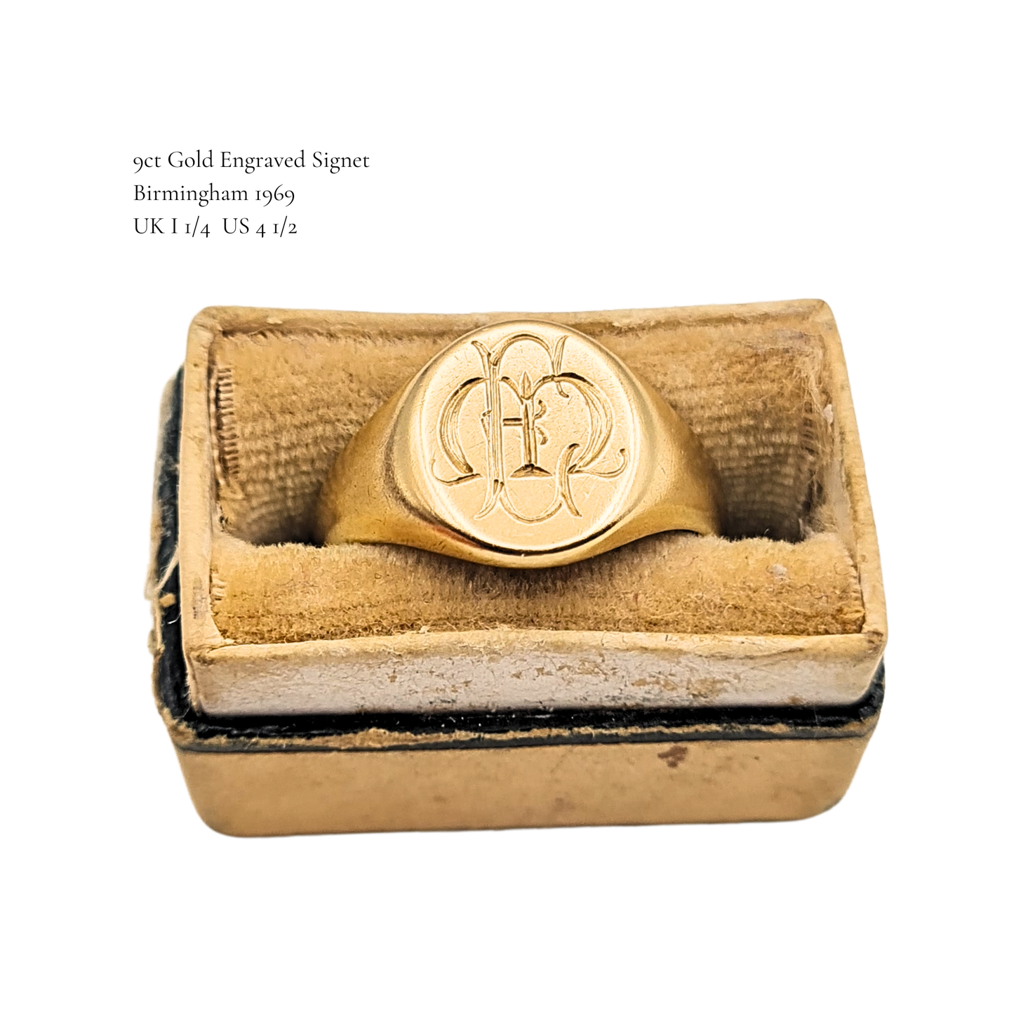 Solid 9ct Gold Signet Ring Birmingham 1969 Engraved Initial UK I¼ US 4.5