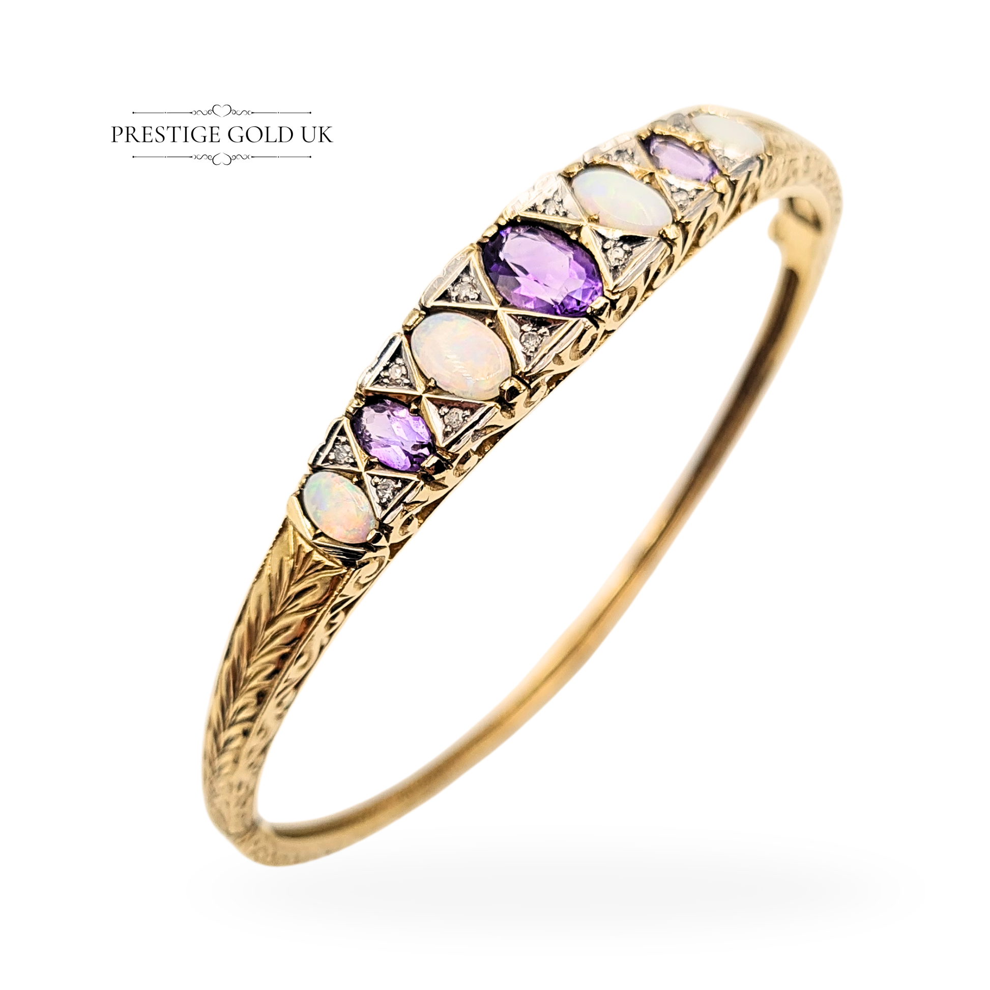 Vintage 9ct gold hinged bangle with alternating oval opals, round-cut amethysts, and diamond accents. Weighing 12.73g and measuring 6 1/2" (16cm), it features ornate filigree detailing, a push-fit clasp with safety clip, and Crown 375 hallmark for solid gold.