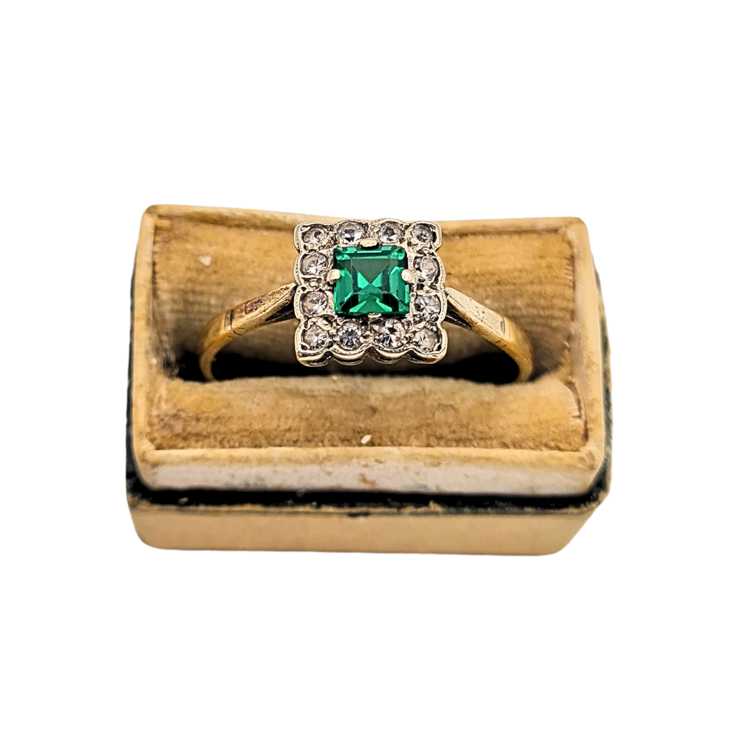9ct Gold Square Paste Ring, Green And Clear Paste Stones UK R 1/2 US 9
