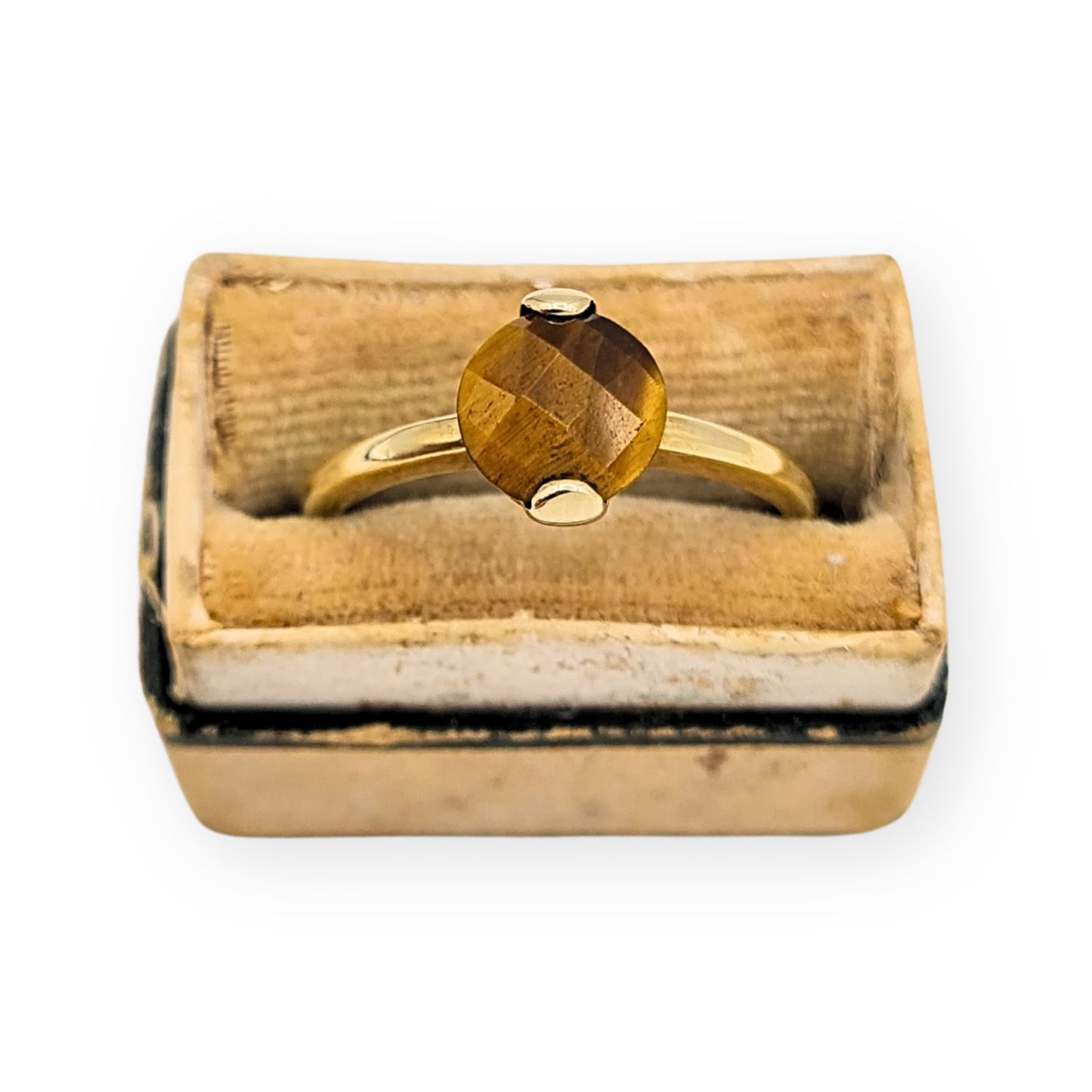 9ct Gold Tiger’s Eye Solitaire Ring, UK N / US 6.75, Faceted Round Gemstone