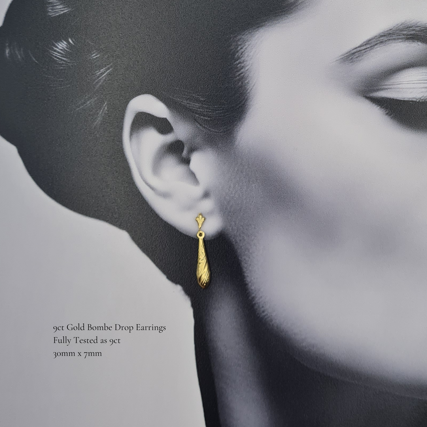 9ct Gold Bombe Drop Earrings Lightweight Long Dangle Earrings