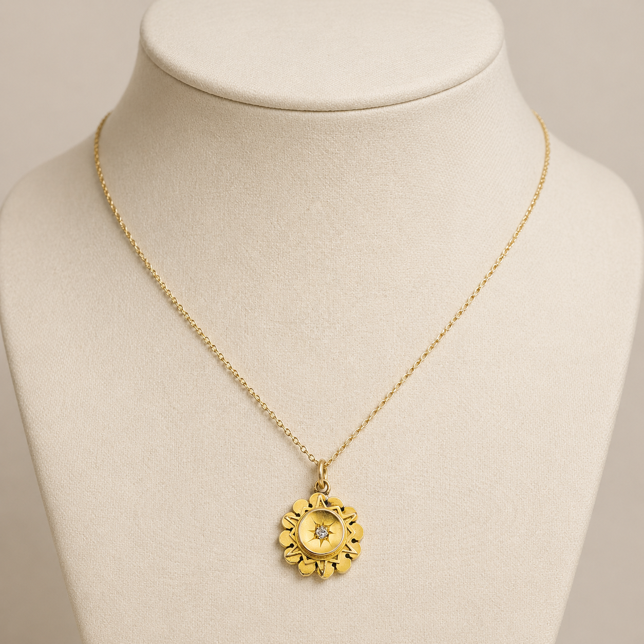 9ct Gold Antique Diamond Pendant Round Starburst Design