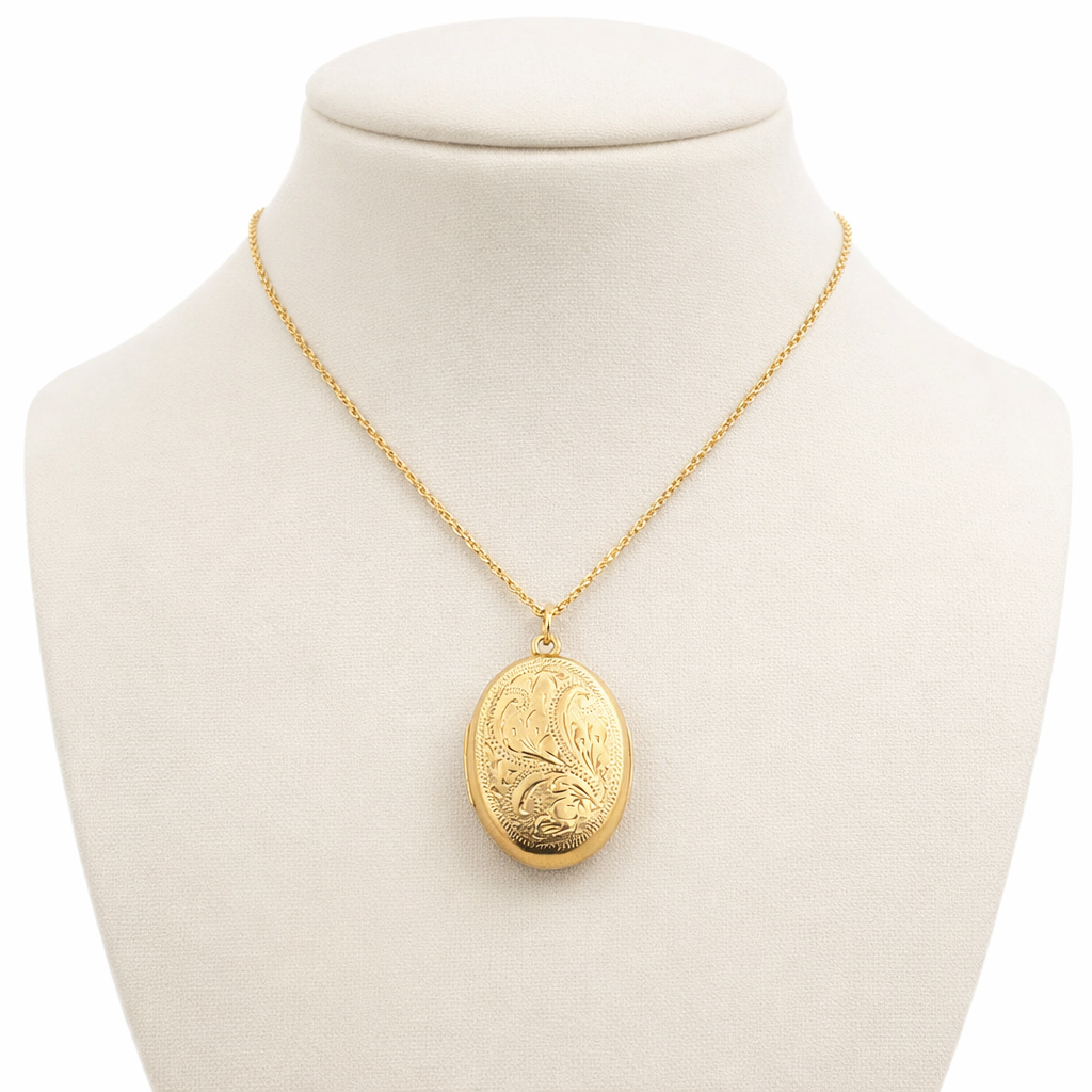 Large 9ct Gold Oval Locket 1979 Hallmarked Hand Engraved Floral Pendant