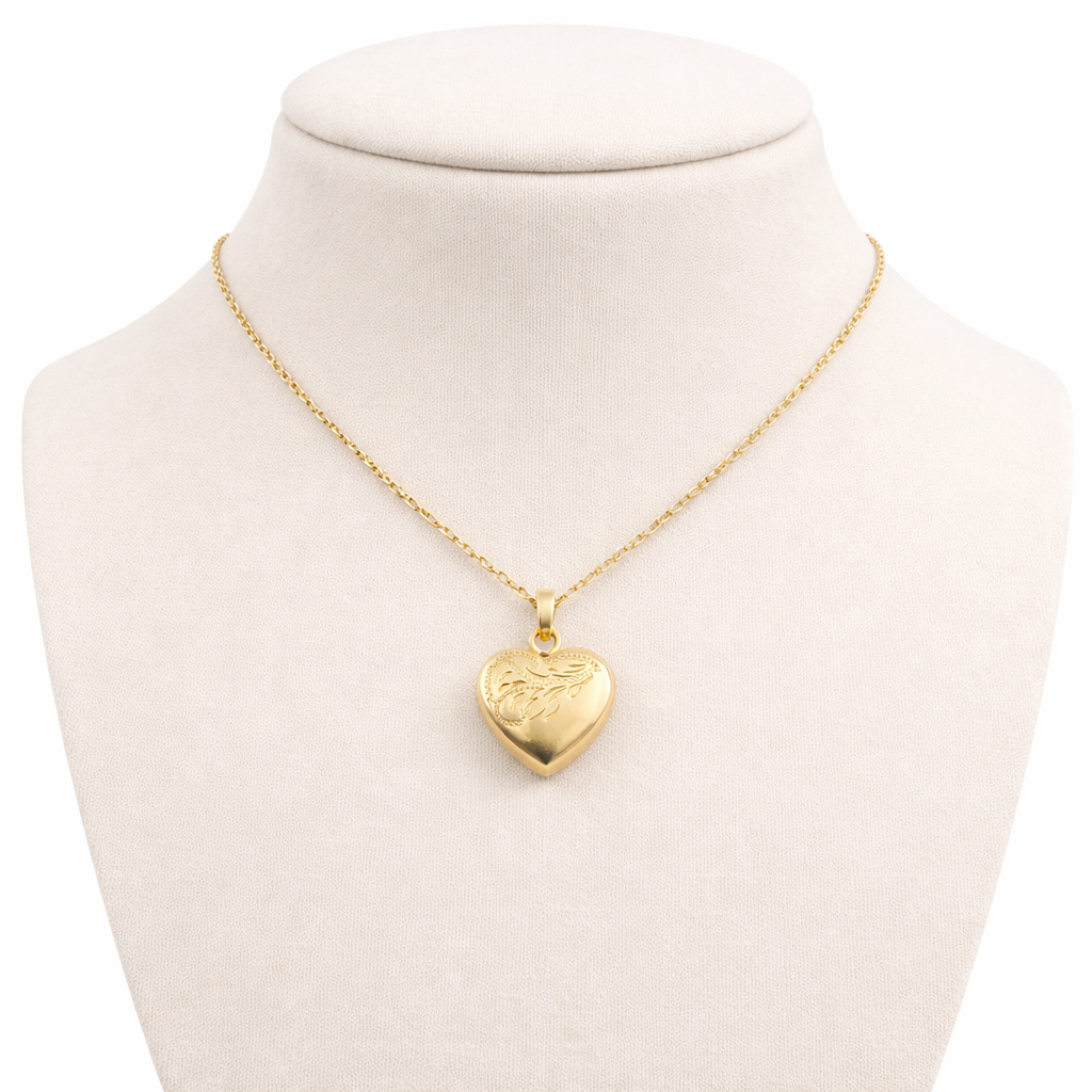 9ct Gold Small Heart Locket Pendant Engraved Floral Fully Hallmarked