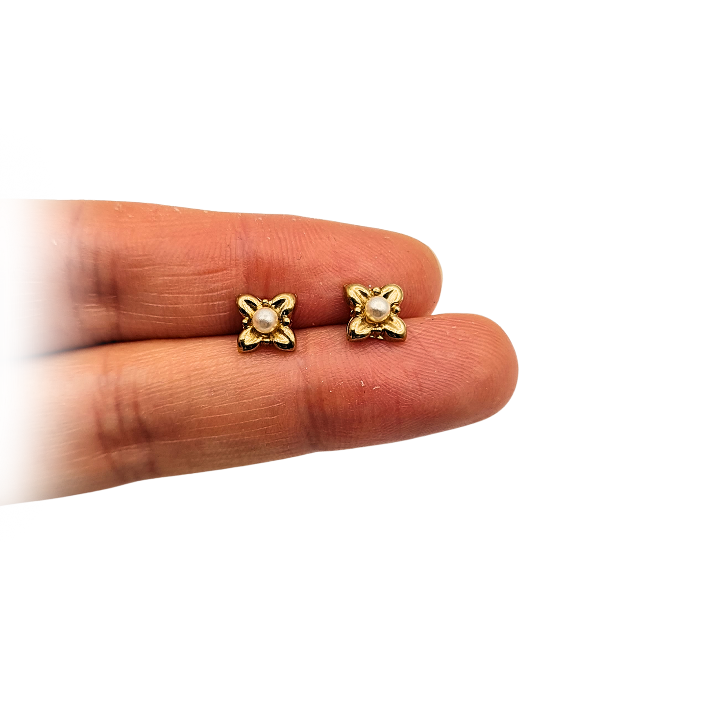 Tiny 9ct Gold Pearl Flower Stud Earrings, Dainty Gold Earrings
