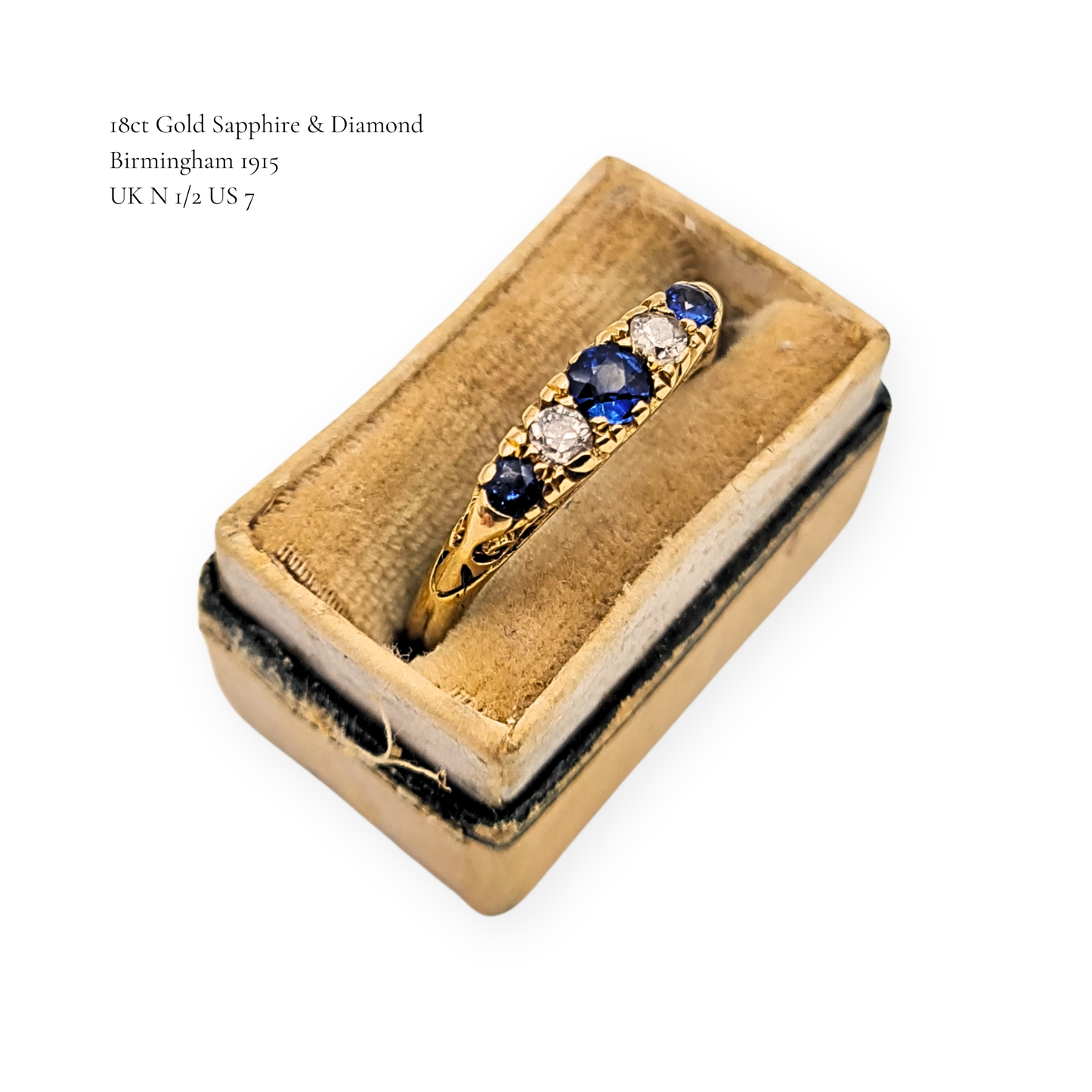 Antique 18ct Gold Sapphire Diamond Ring 1915 Birmingham 5 Stone UK N 1/2 US 7