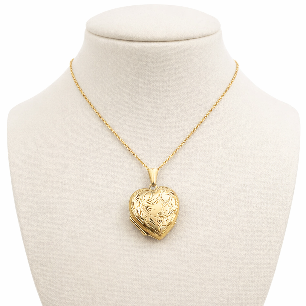 Large 9ct Gold Heart Photo Locket Pendant 25mm Hand Engraved Vintage 1976
