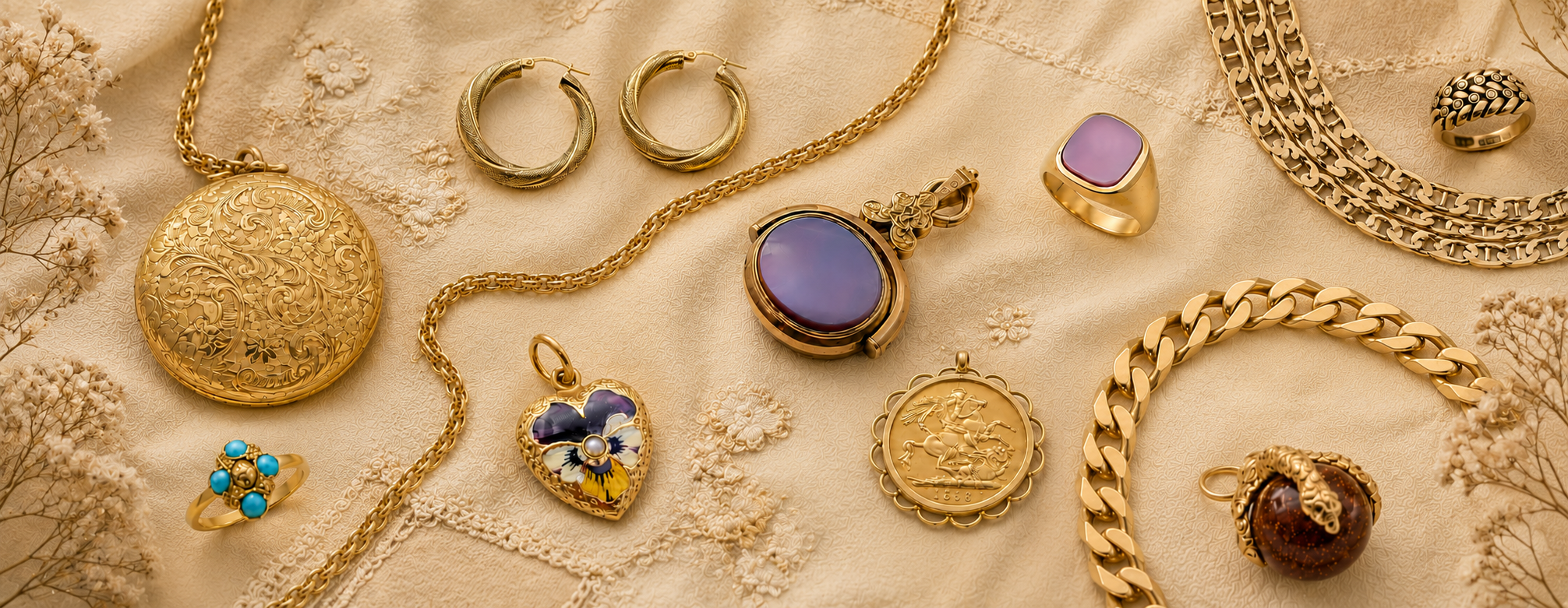 A styled flat-lay collection of gold jewellery, including a large round locket, chain necklace, rings, earrings, and a heart-shaped pendant, arranged on a textured beige fabric background.