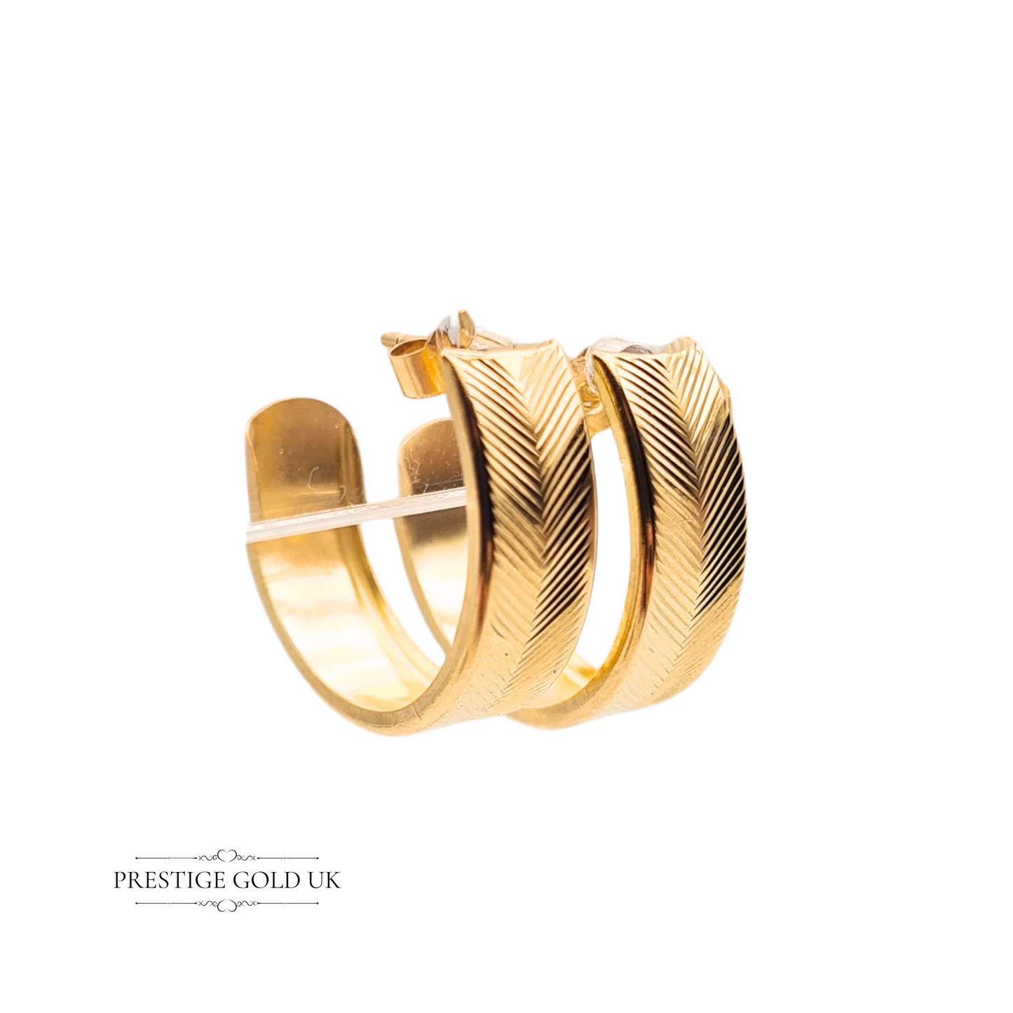 9ct Gold Half Hoop Herringbone Earrings, Chevron Pattern Butterfly Backs