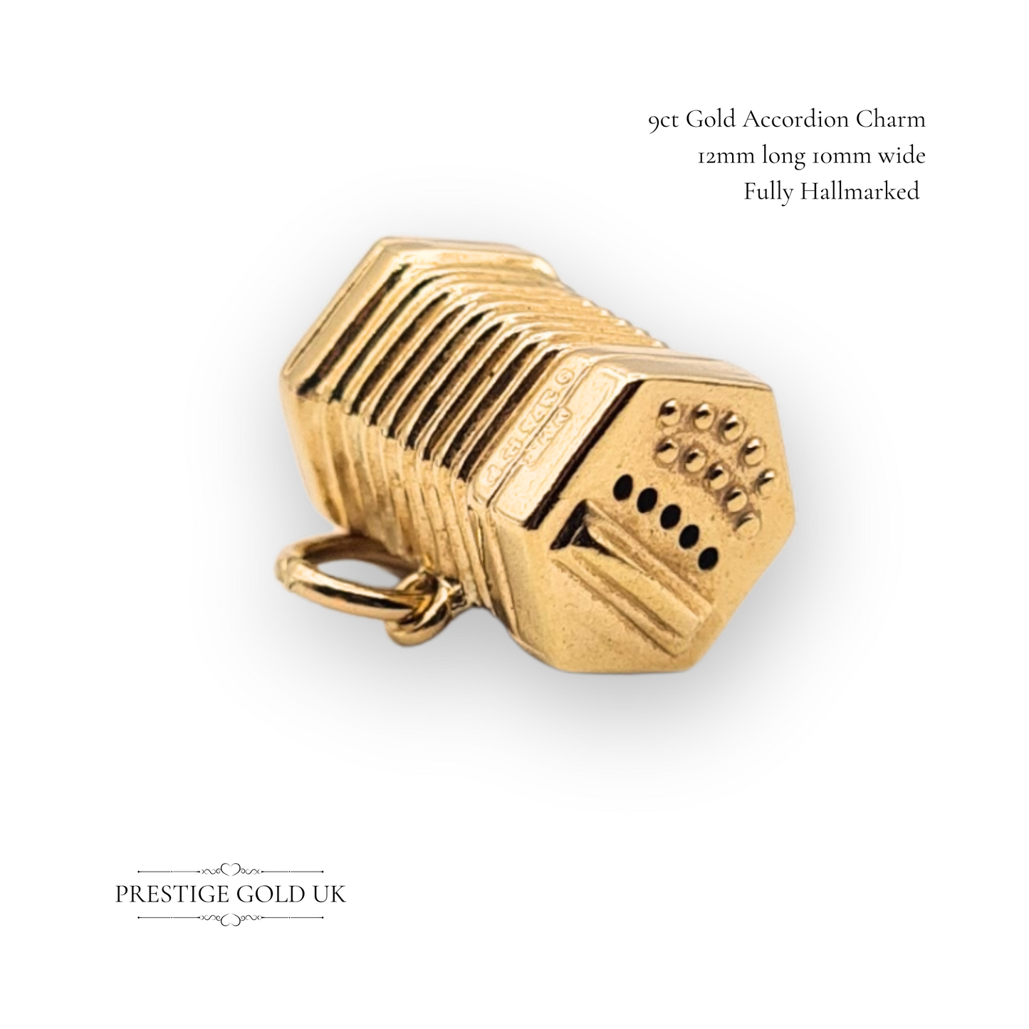 9ct Gold Tiny Accordion Charm, Petite English Concertina Musical Accordion