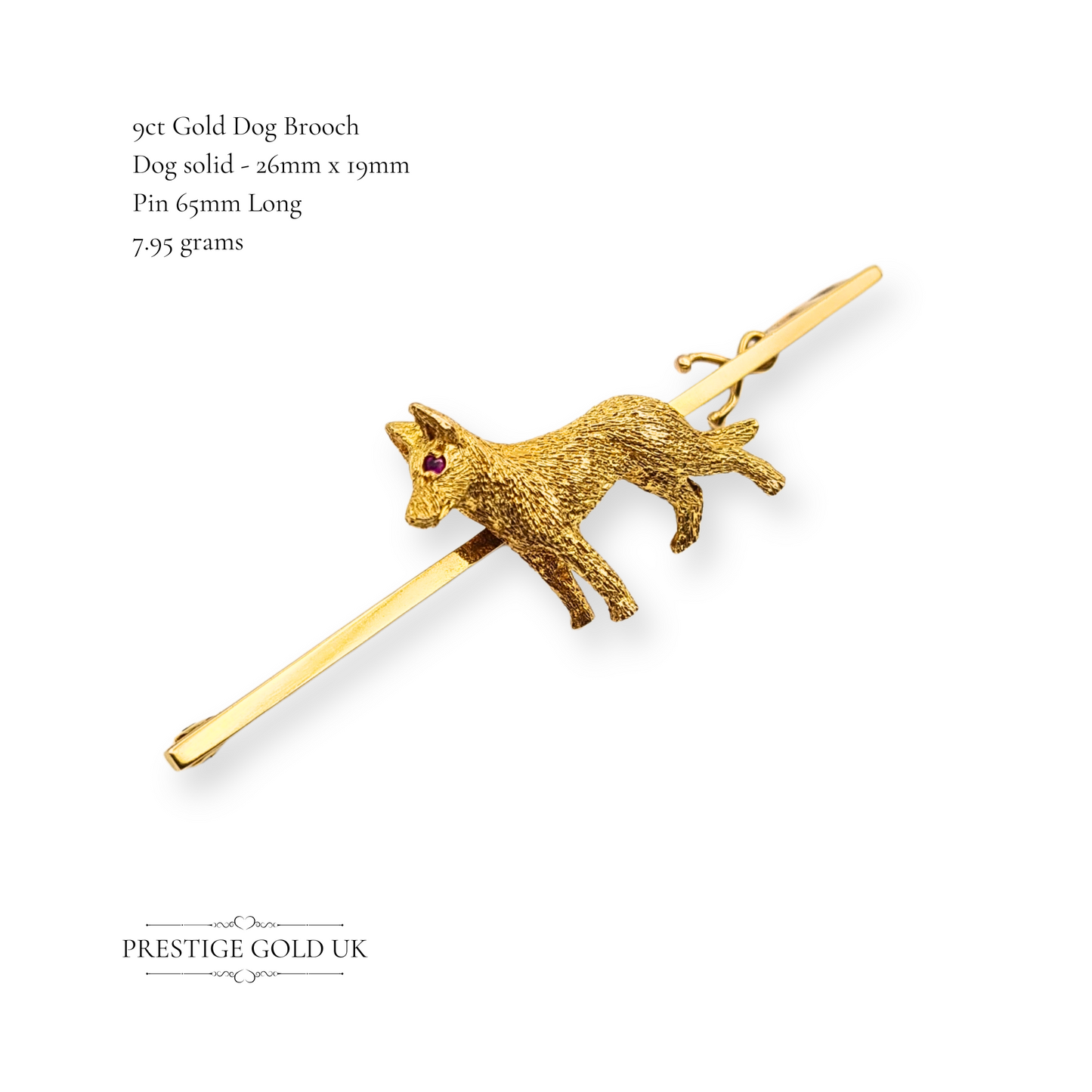 Large 9ct Gold Alsatian Brooch, Heavy Solid Cast Gold Dog With Red Stone Eye