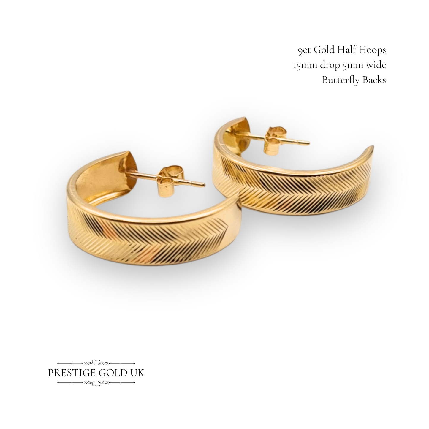 9ct Gold Half Hoop Herringbone Earrings, Chevron Pattern Butterfly Backs