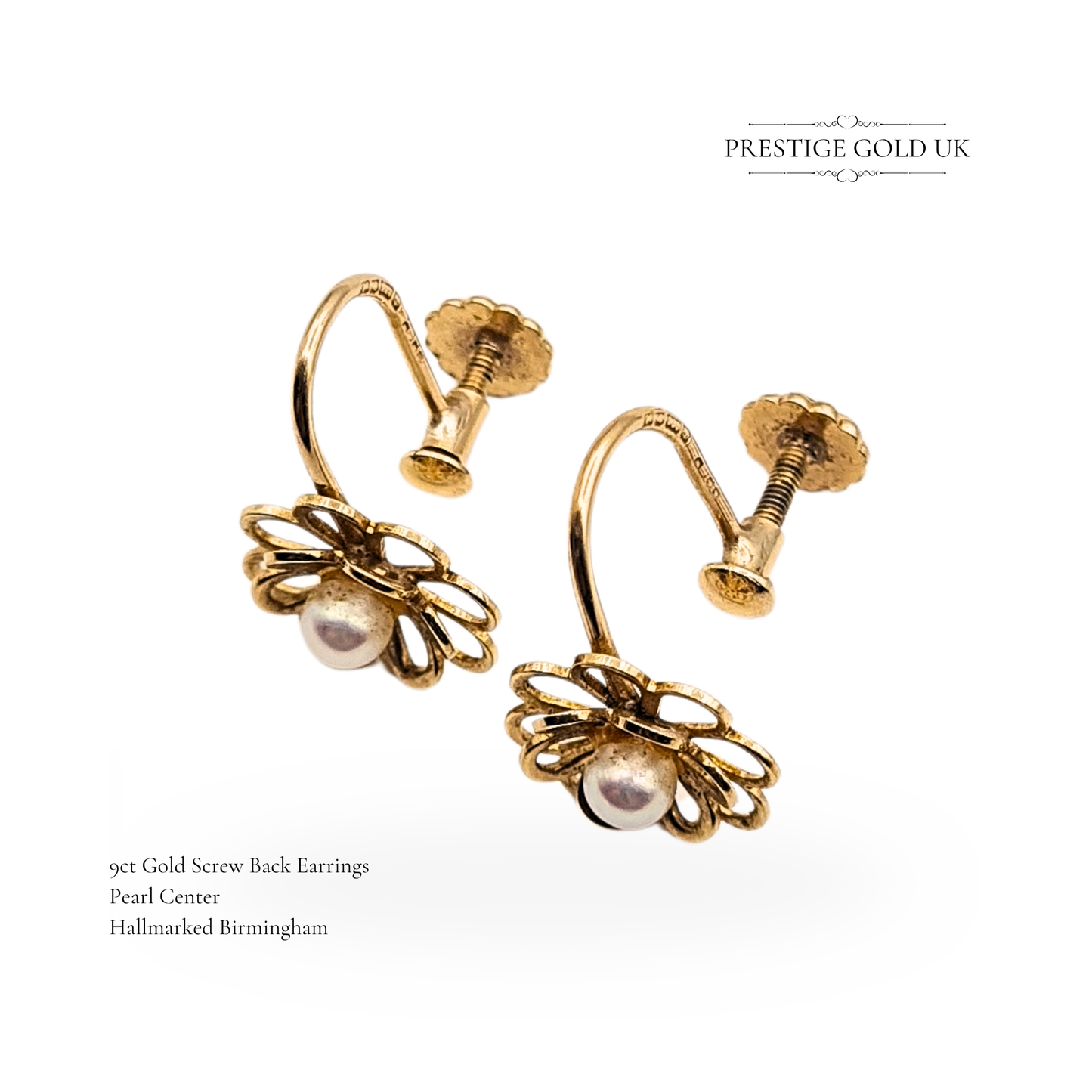 9ct Gold Screw Back Earrings, Floral Design With Pearl Centres For Non pierced ears