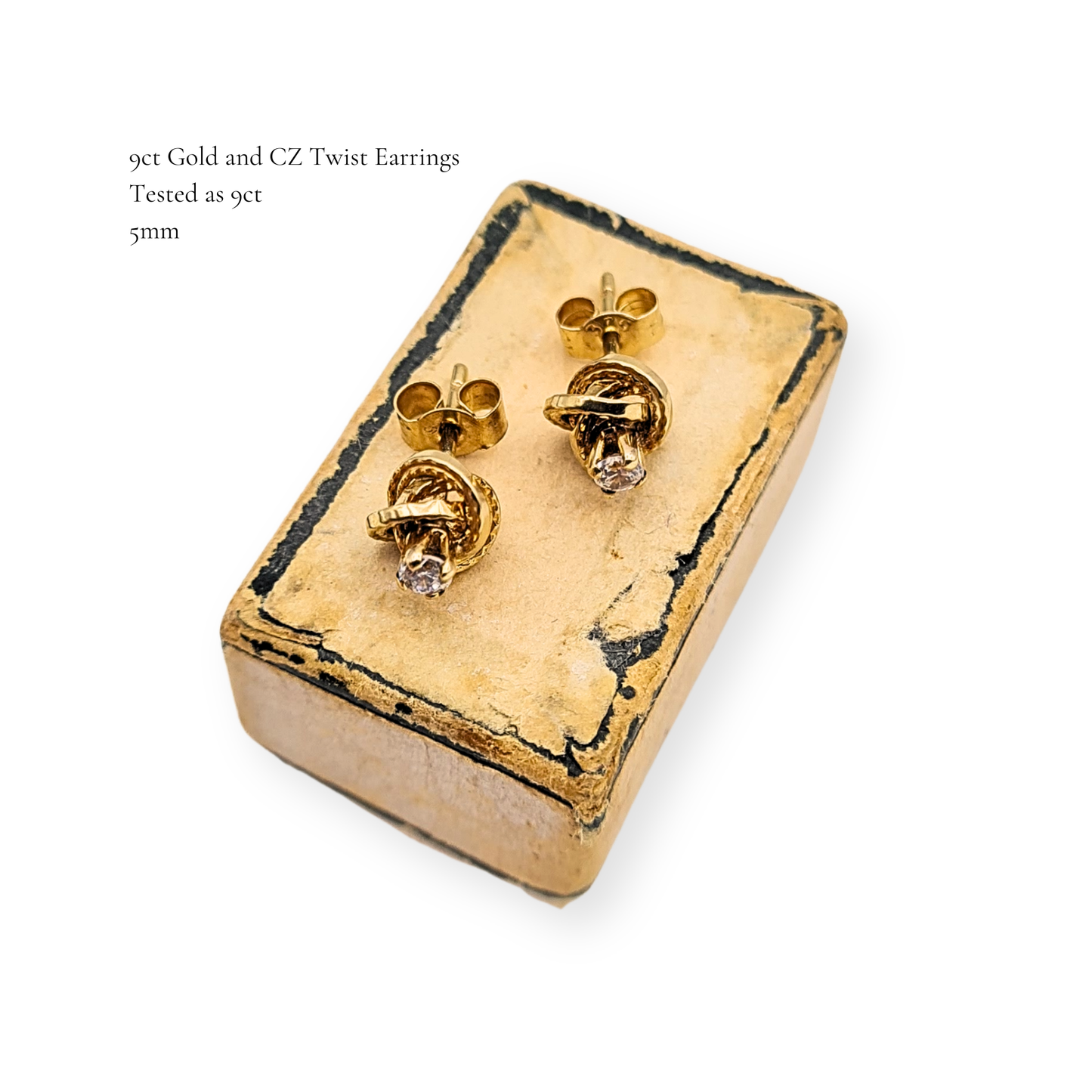 9ct Gold CZ Twist Stud Earrings 5mm Knot Design Butterfly Backs