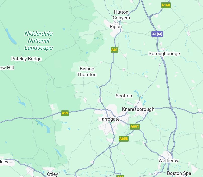 Map of Knaresborough Harrogate and surrounding areas with roads and landmarks labeled.