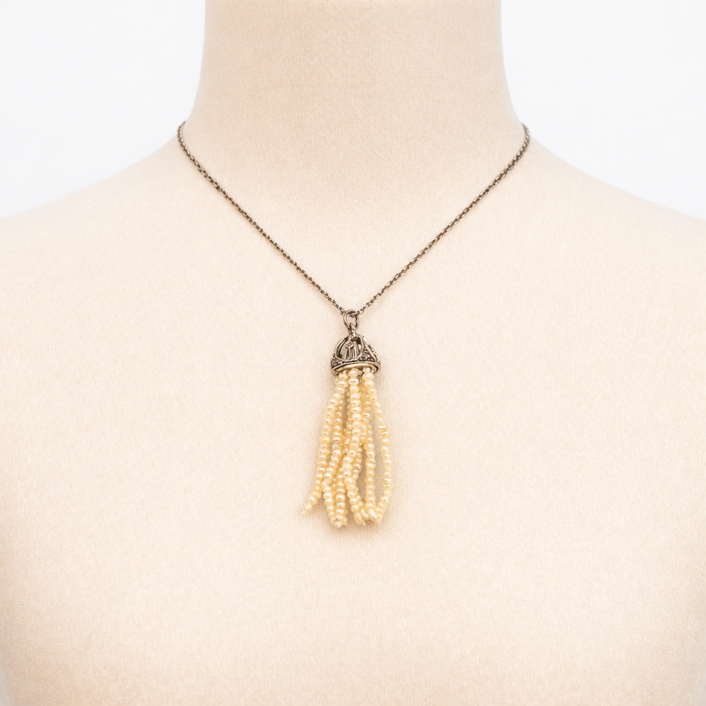 14" Lomg Platinum Chain 18ct Diamond Seed Pearl Tassel Pendant 36cm