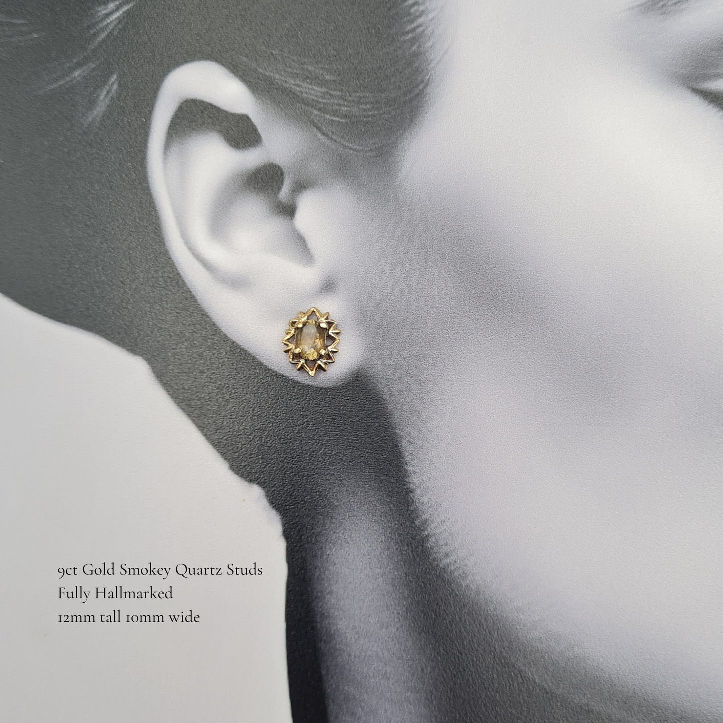 9ct Gold Smoky Quartz Stud Earrings, Oval Gold Earrings