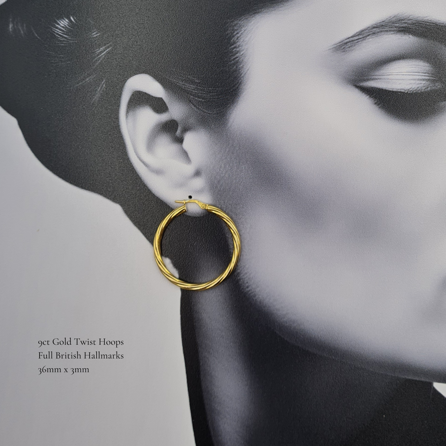 Huge 9ct Gold Twist Hoop Earrings 36mm Fully British Hallmarked