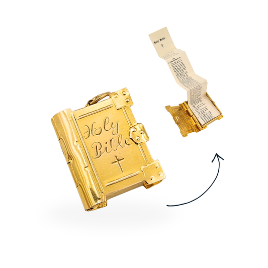 Vintage 9ct gold opening Holy Bible charm with miniature printed pages, fully British hallmarked 1972.