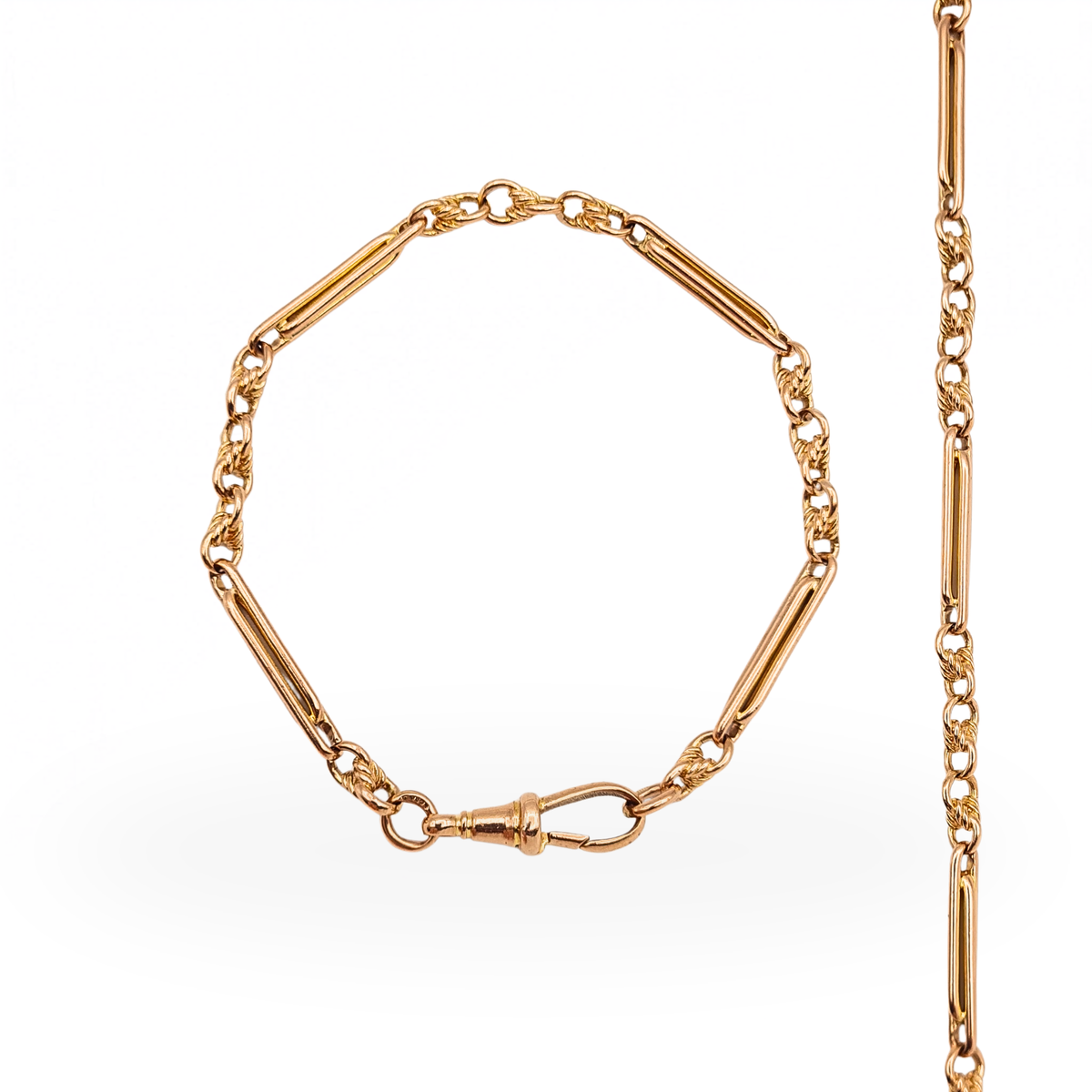 8" Long Rose Gold Albert Bracelet With Trombone Rope Links & Dog Clip .