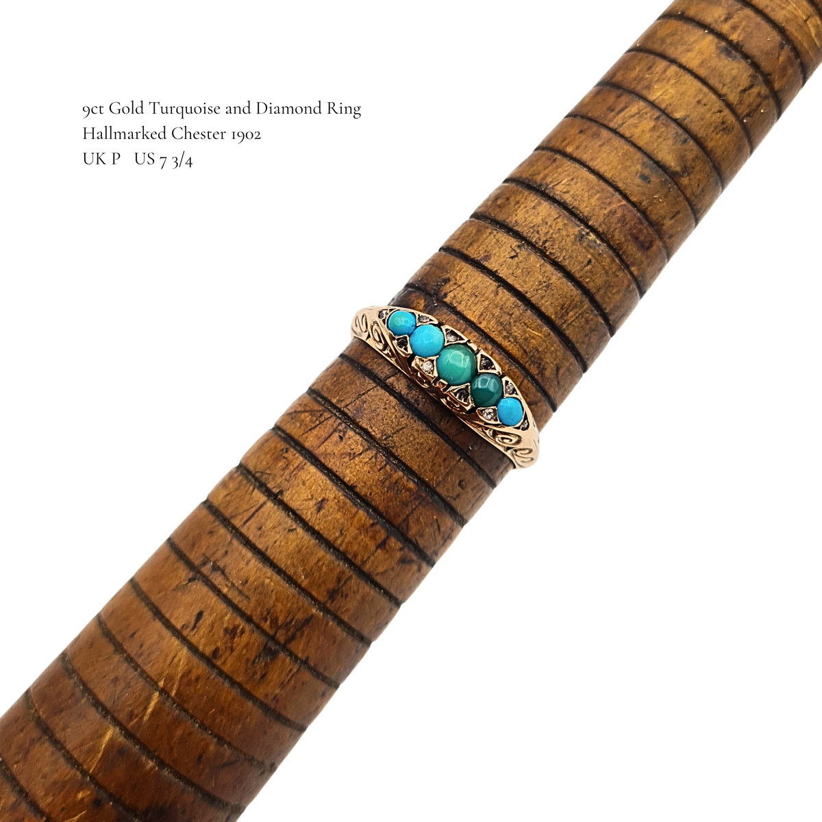 Antique 9ct Gold Turquoise Diamond 5 Stone Ring,  Chester Hallmark 1902 UK P US 7 3/4